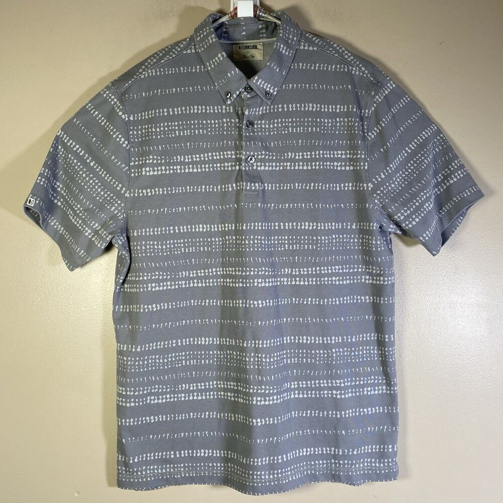 Linksoul Polo Shirt Mens XL Gray Geometric Cotton Polyester Short Sleeve Golf